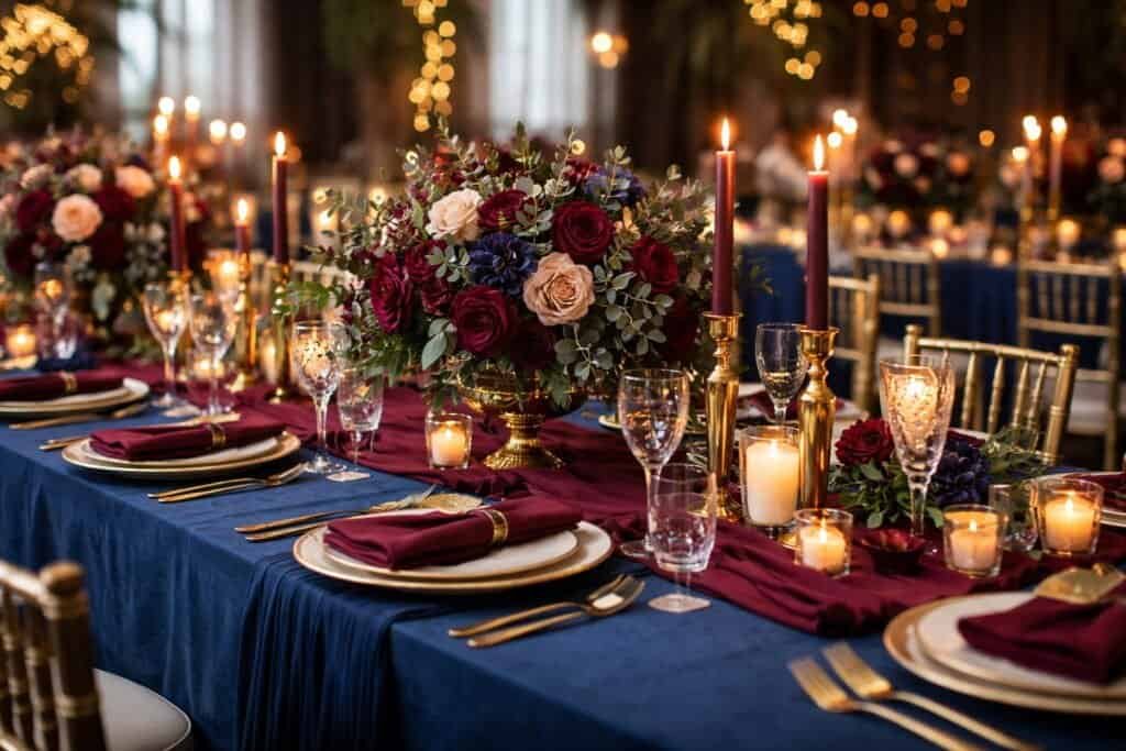 Navy Blue and Burgundy Wedding Table Decorations