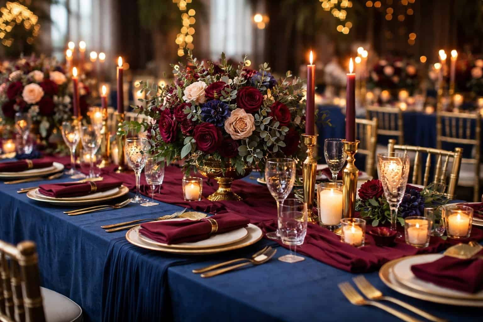 Navy Blue and Burgundy Wedding Table Decorations