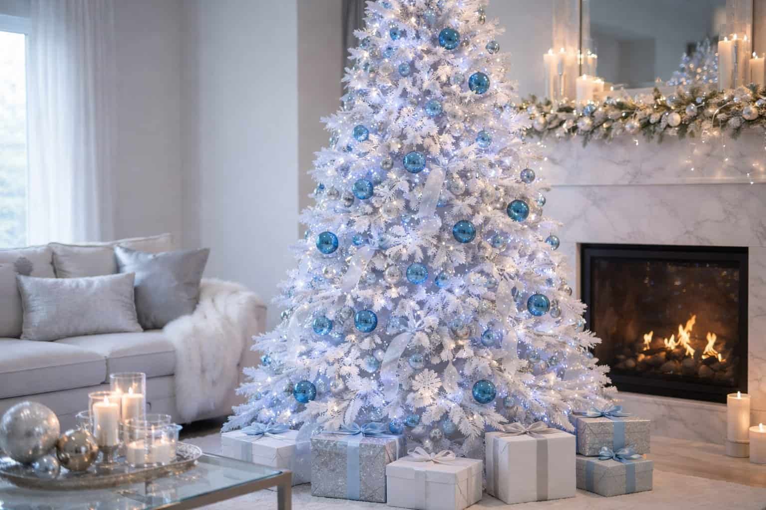 White Tree With Blue Lights Decorating Ideas